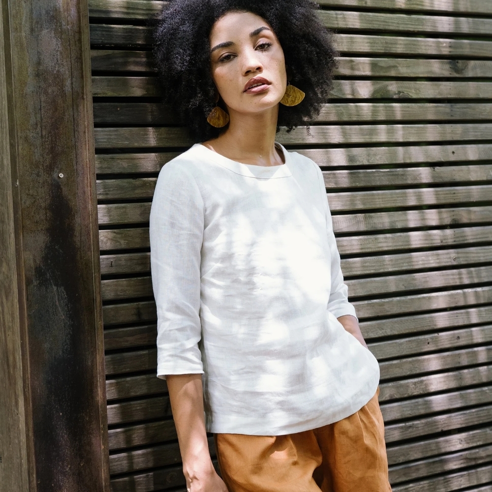 100% Linen White Boat Neck Top 3/4 Sleeve